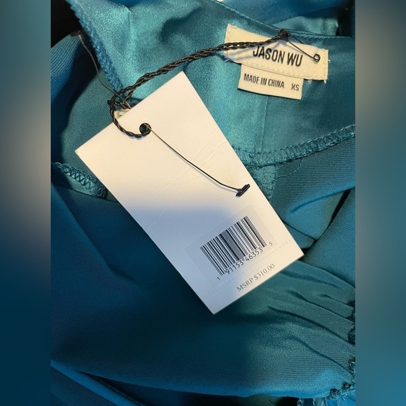 Jason Wu Teal Turquoise Satin Tie Strap low black slip midi dress ruched XS - Picture 10 of 14